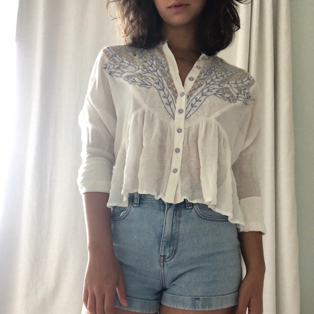 Free People White Blouse w/ Blue Detailing